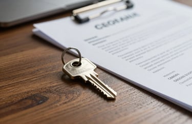 A close-up of a silver house key resting on a wooden desk next to a professional financial contract, focused lighting, professional finance office setting.