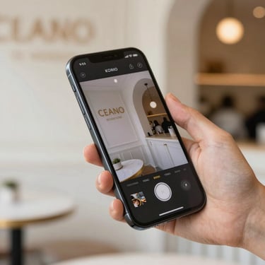 Close-up of a hand using a sophisticated mobile editing app on a high-end smartphone. The background is a blurred, high-end cafe in Northern Europe with off-white and gold tones.