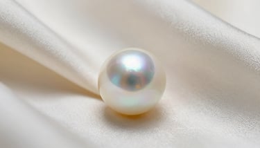 A pair of elegant baroque pearl earrings displayed on a soft off-white marble pedestal in soft natural light.