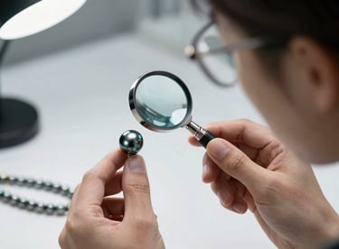 A professional pearl designer holding a magnifying loupe to examine a black Tahitian pearl in a bright studio.