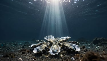 A macro shot showing the surface detail and orient of a large golden South Sea pearl against a deep navy background.