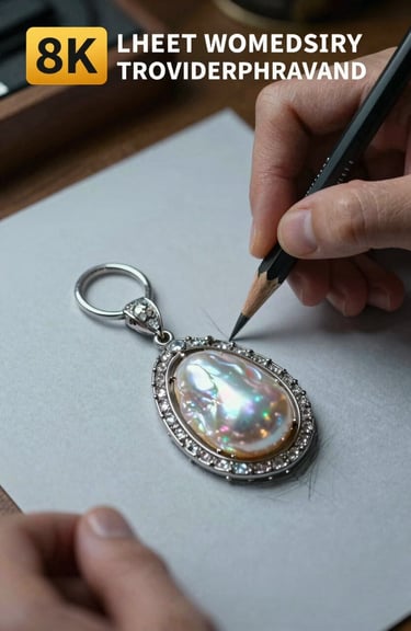 A close-up of a jeweler's hand sketching an intricate pearl pendant design on pale blue-grey paper with a fine pencil.
