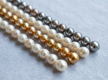 An assortment of pearl varieties—white, gold, and grey—arranged in a gradient on a pale blue-grey linen cloth.