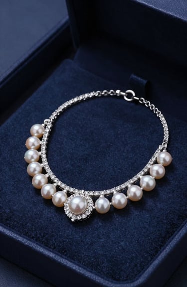 A finished bespoke necklace with pearls and diamonds resting inside a luxury midnight blue jewelry box.