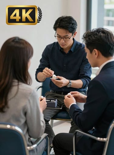 Two customers in a refined consultation room, with steel blue chairs, looking at pearl samples with an expert.