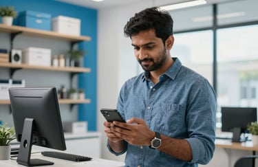 A South Asian / Indian entrepreneur in a bright, modern shop using a mobile device for business banking, with steel blue and cloud white surroundings.