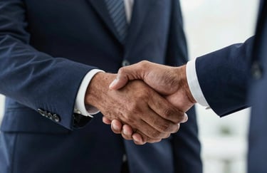A close-up of two South Asian / Indian business partners shaking hands in a professional setting, with sharp focus and deep navy blue background elements.