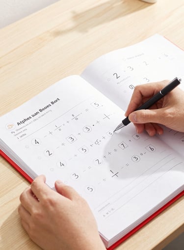 Bright high-key product photography of hands placing printed math worksheets into a clean red binder on a light wooden desk, sunny morning light.