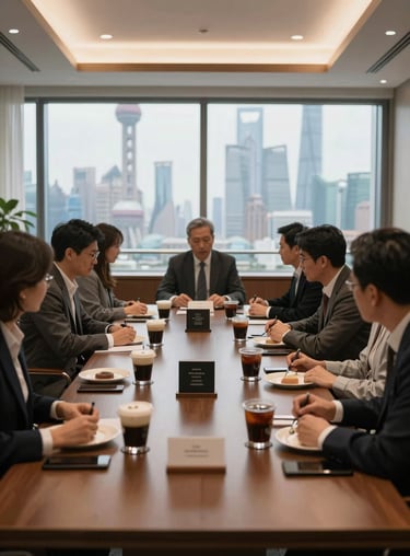 A sophisticated meeting room in Shanghai with views of the skyline, featuring coffee samples prepared for a wholesale client consultation.