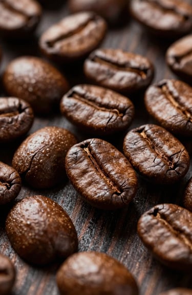 Macro photography of premium roasted Arabica coffee beans with a glossy finish, scattered on a dark wooden surface in a professional setting.