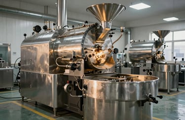 A wide shot of a state-of-the-art industrial coffee roaster in a clean, modern Chinese manufacturing facility, stainless steel surfaces reflecting warm light.