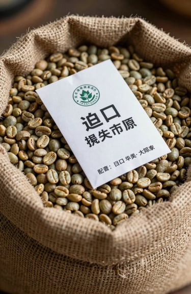 A close-up of a burlap sack filled with high-quality green coffee beans, with a shipping label indicating export from a premium Chinese origin.