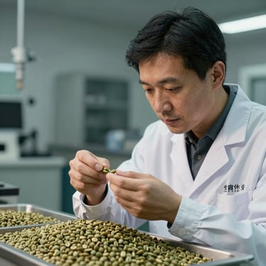 A professional East Asian quality control expert in a white lab coat meticulously inspecting green coffee beans under soft studio lighting.