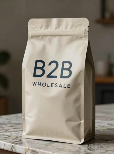 Minimalist B2B wholesale packaging design featuring sophisticated typography on a matte latte-colored bag, placed on a marble countertop.