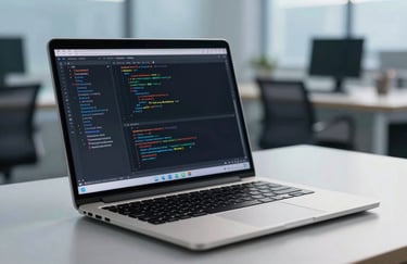 A high-end laptop showing complex code on the screen, situated on a clean desk in a Global / Tech Industry environment, with soft Sky Blue lighting.