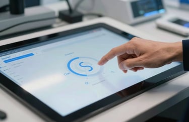 A close-up of a person's hand interacting with a high-definition touchscreen in a Global / Tech Industry innovation lab, with Ice White and Steel Blue accents.