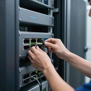 Hands of a professional technician installing network hardware in a clean, modern server room environment, daylight, plomo grey and navy blue accents.