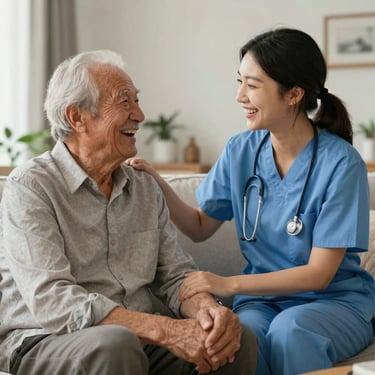 A professional caregiver and a senior citizen sharing a cheerful laugh in a well-lit US home. The atmosphere is professional, compassionate, and supportive.