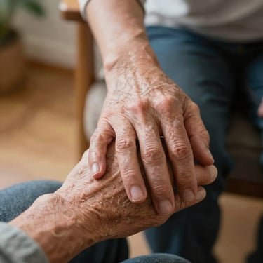 A close-up photograph of a caregiver's hand gently resting on an elderly person's hand, conveying trust and compassion. Warm natural lighting in a North American home.