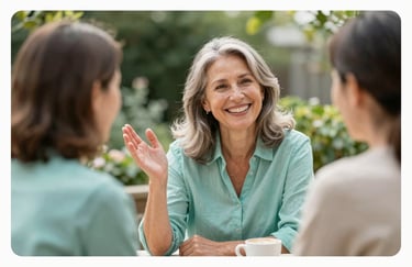 A lifestyle photo of a happy mature woman enjoying a conversation in a garden, suggesting social connection. The scene is bright with soft teal #3D6C7E accents and a supportive mood.