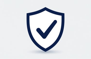 A minimalist symbolic photo of a professional shield icon with a checkmark, representing verification. Clean composition on a light #F3F6F8 background with deep #1A2C38 blue shadows.