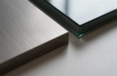 Macro shot of a high-quality building material sample—brushed steel and dark glass—representing the quality of North American / US real estate development.