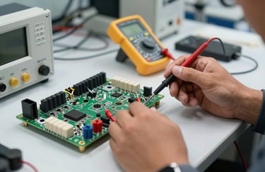Technician using a specialized multimeter to test a circuit board, professional lab environment, South American setting, high-tech industrial photography.