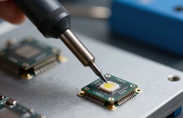 Macro shot of a soldering iron tip making a precise repair on a micro-LED component, blue and grey industrial background, technical precision photography.