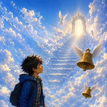Malick Lebarde devant l'Escalier du Paradis - La guerre du conte - Saga fantasy jeunesse