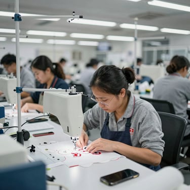 A vibrant workspace showing colorful threads, embroidery machines, and personalized garments in progress.
