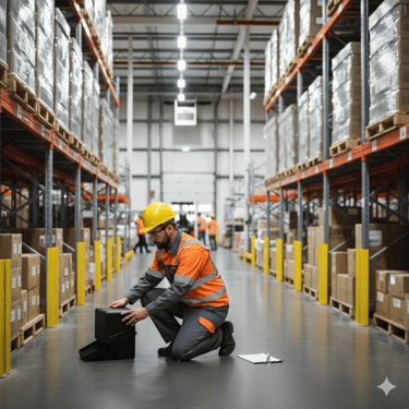 JanTech technicia in high-visibility gear inspecting inventory storage on high-reach pallet racking.