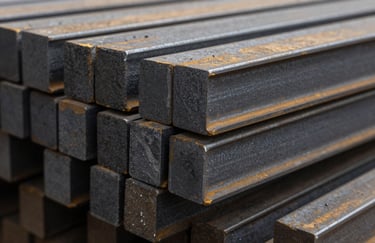 A macro photograph of raw industrial iron bars stacked neatly in the factory, showing the heavy, solid texture in shades of charcoal black and muted taupe.