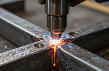 A vertical shot showing the perfect, seamless weld on an iron joint, glowing slightly with heat, demonstrating the precision engineering and expert craftsmanship.