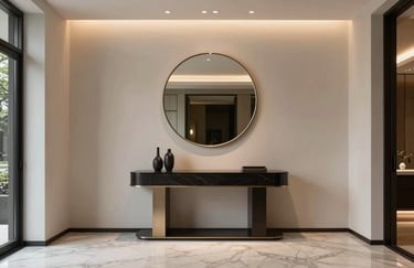 A grand entryway with a minimalist console table, a large circular mirror, and recessed warm lighting. Elegant marble flooring, North American luxury home.