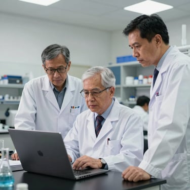 Professional medical researchers in white lab coats discussing clinical data in a modern laboratory.