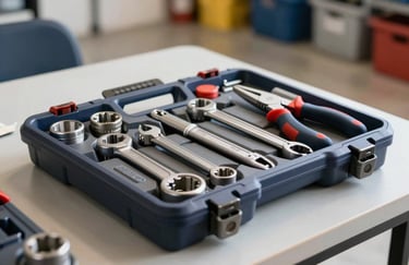 A professional HVAC tool kit neatly organized on a clean work surface in a North American / US garage setting. Metallic tools with deep navy accents under bright, clear lighting.