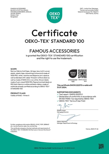 OEKO-TEX Standard 100 certificate — Famous Accessories Bangladesh