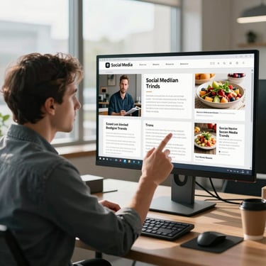 A content strategist in a sunlit North American office reviewing social media trends and food photography on a large monitor.