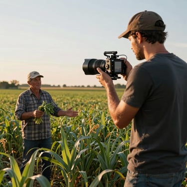 A digital creator filming a local farmer talking about their seasonal crops in a North American field at golden hour.