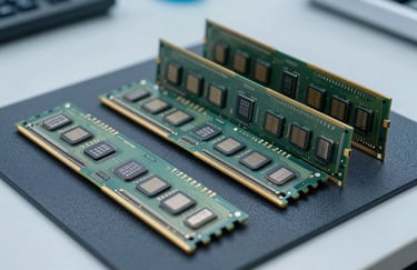 A group of professional-grade computer components, including RAM modules and a processor, arranged neatly on a dark blue-gray anti-static mat in a North American / US lab.