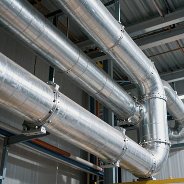 Industrial HVAC ductwork installation in a modern building, showing complex silver piping and precision engineering, North American / US.