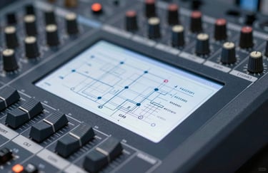 Detailed shot of an engineering schematic and a professional digital audio mixer, with a shallow depth of field, using colors #34495E and #ECF0F1.