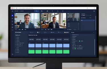 Digital interface of vMix switching software displayed on a professional monitor, showing high-tech overlays and video inputs, using brand colors #0D1A2F and #ECF0F1.