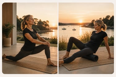 Femme 40/50 en séance de récupération au bord du Golfe du Morbihan