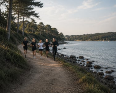 Small group en séance training au bord de l'eau le matin