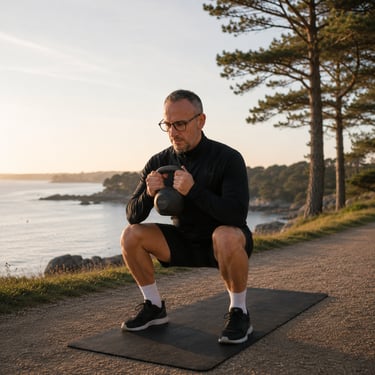 Entrainement fonctionnel d'un exercice de squat avec une kettlebell au bord du Golfe à Sarzeau