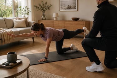 Coach sportif à domicile accompagnant une femme de plus de 45 ans lors d’un exercice de mobilité et gainage à Sarzeau.