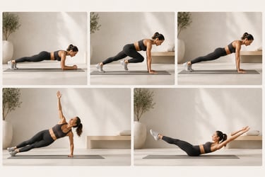 Femme 40 + réalisant différents exercices de gainage : planche statique, dynamique, mountain climber, latéral et hollow hold
