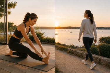 Étirement au coucher du soleil et marche active au bord du Golfe