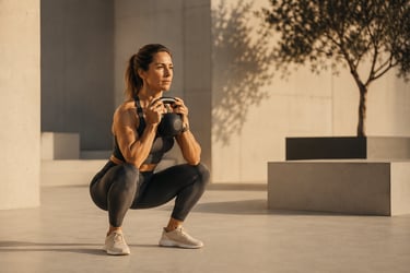 Femme réalisant le pattern squat à l'aide d'un kettlebell dans une ambiance premium avec une lumière douce
